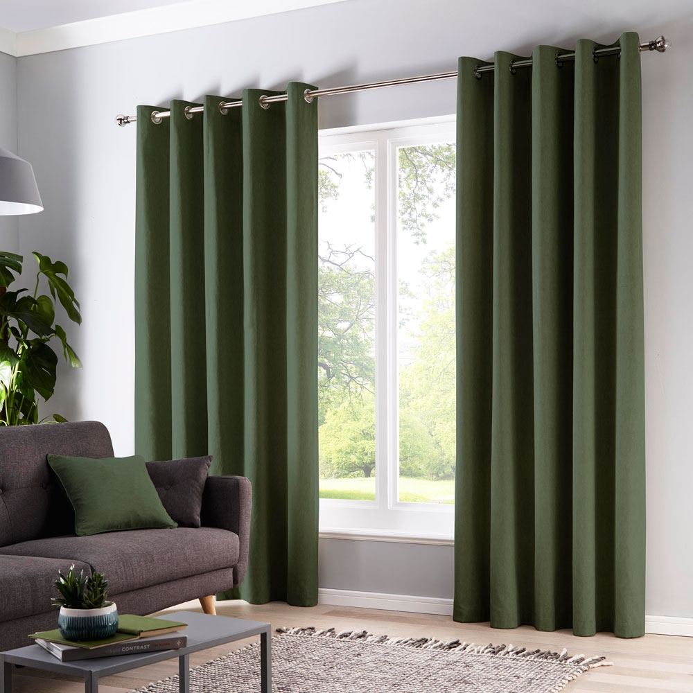 Fusion Sorbonne Eyelet Headed Curtains Lined Bottle Green Glasswells