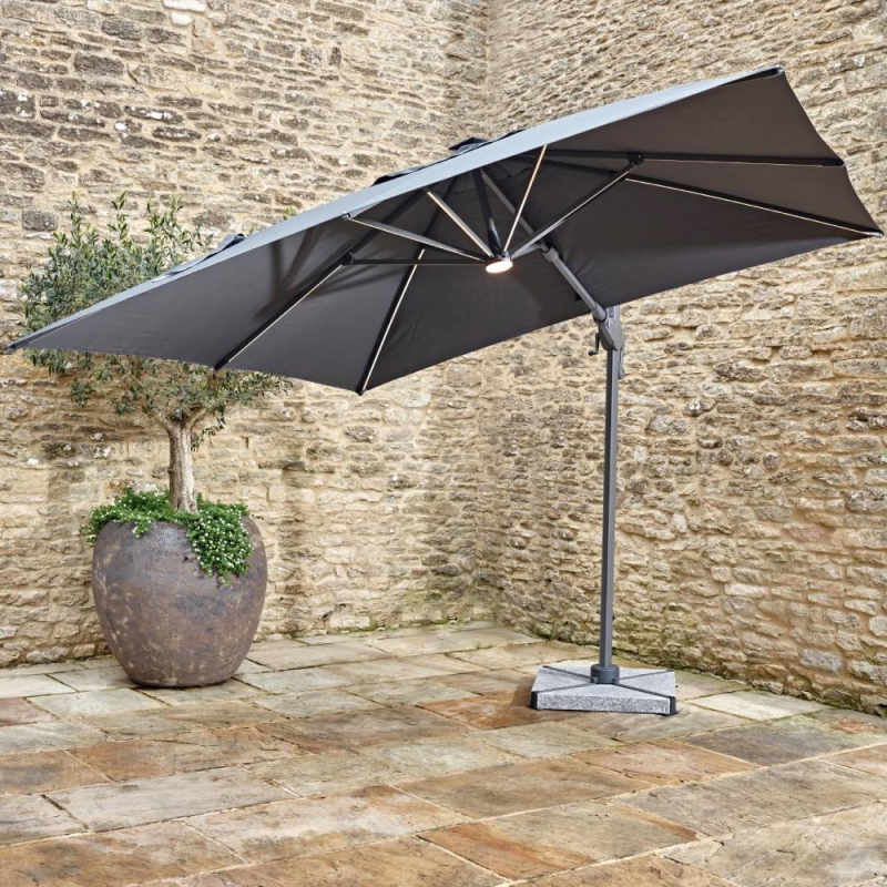 TRURO 3M SQUARE SIDE PARASOL WITH LIGHTS, GRANITE BASE & COVER - GREY