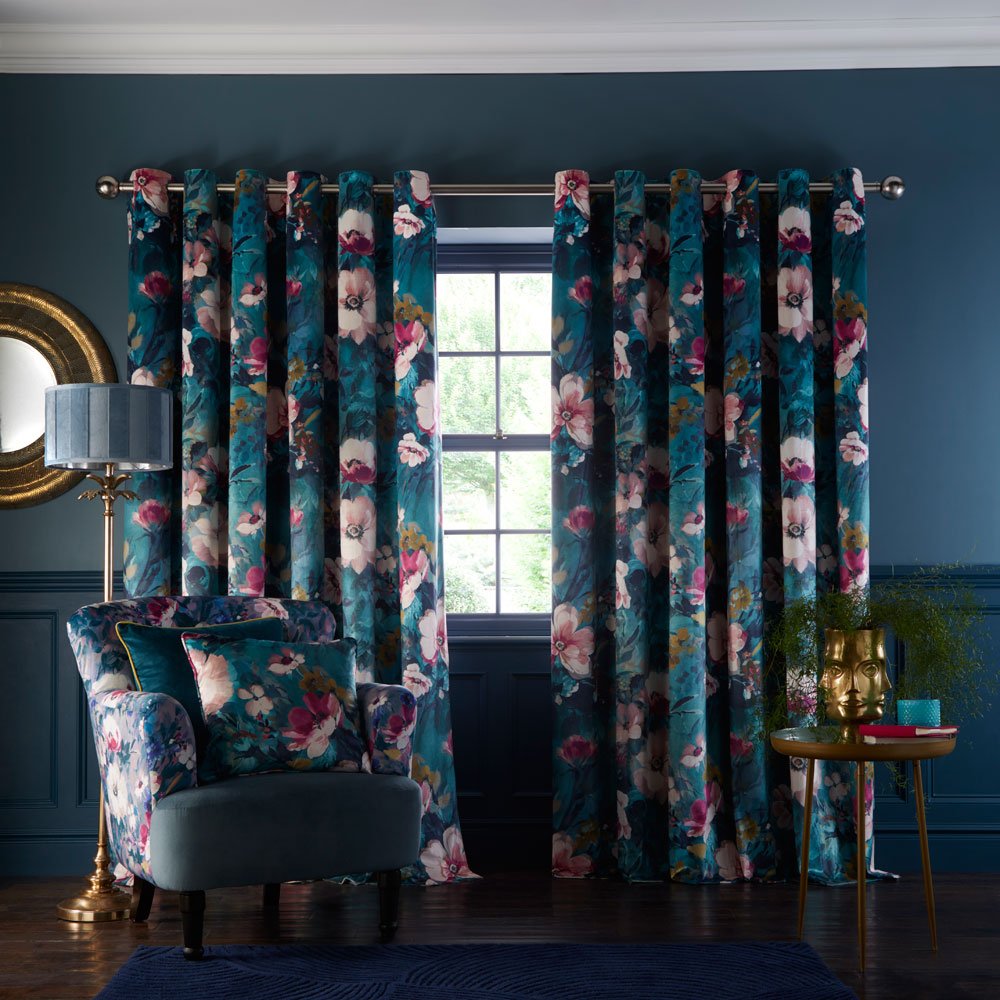 Bouquet Readymade Eyelet Curtains Kingfisher - Glasswells