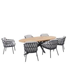 Calpi Dining Set With Teak Elliptical Table and 6 Armchairs
