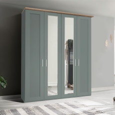 Coniston 4 Door Wardrobe (2 Mirrored) Sage Green & Nordic Oak