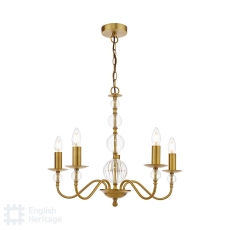 English Heritage Wrest Park 5 Light Armed Pendant Aged Brass and Ribbed Glass