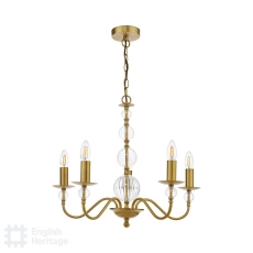 English Heritage Wrest Park 5 Light Armed Pendant Aged Brass and Ribbed Glass