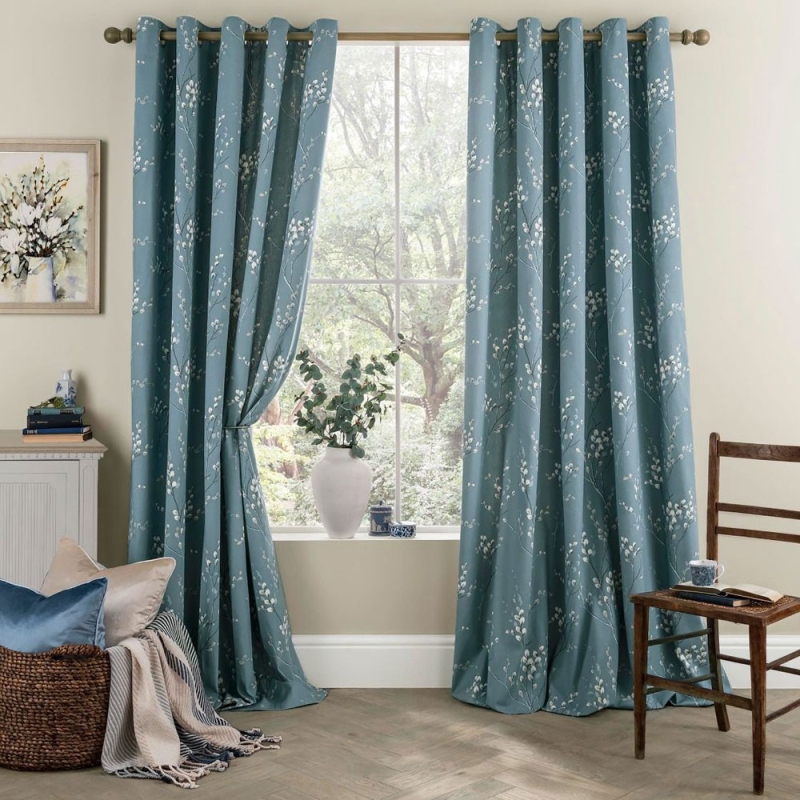 Laura Ashley Pussywillow Readymade Curtains Dark Seaspray