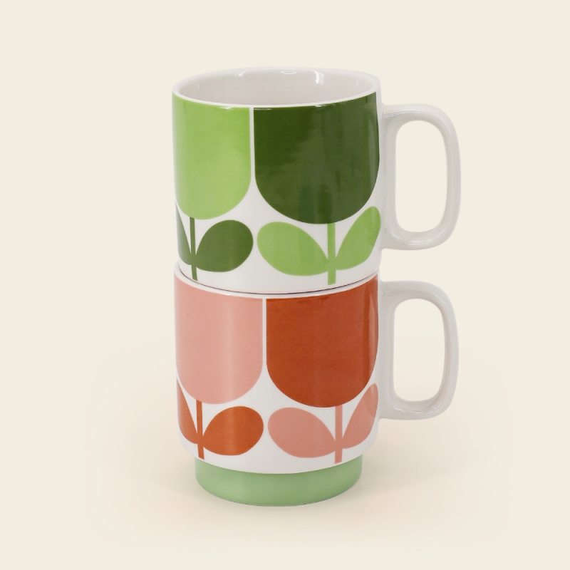 Orla Kiely Set of 2 Ceramic Mugs in Tomato/Fern