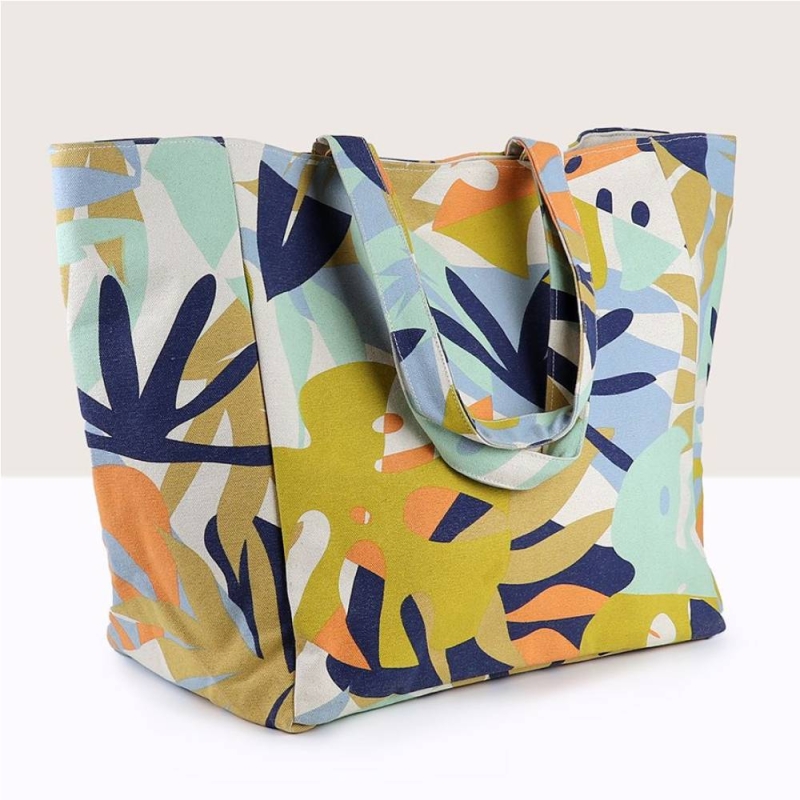 POM Blue/Mustard Mix Tropical Canvas Tote Bag