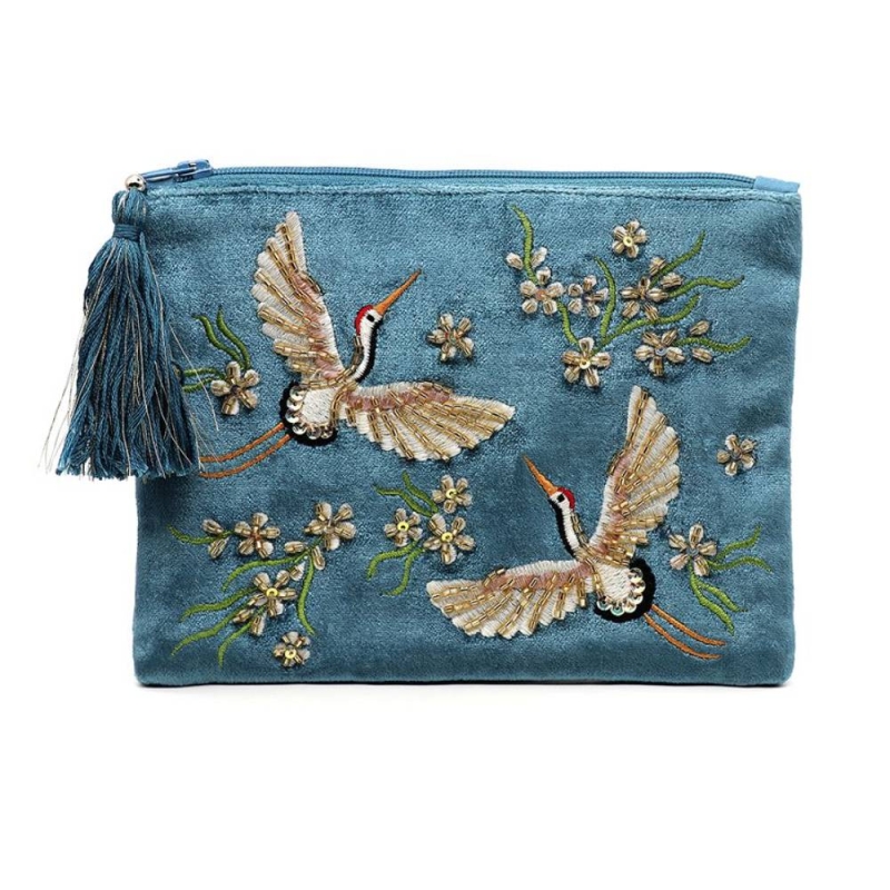 POM Blue Velvet Embroidered Crane Purse