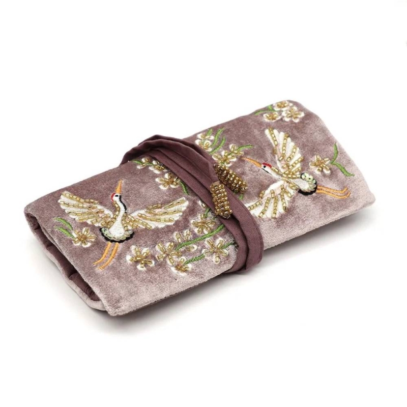 POM Mink Velvet Embroidered Crane Jewellery Roll