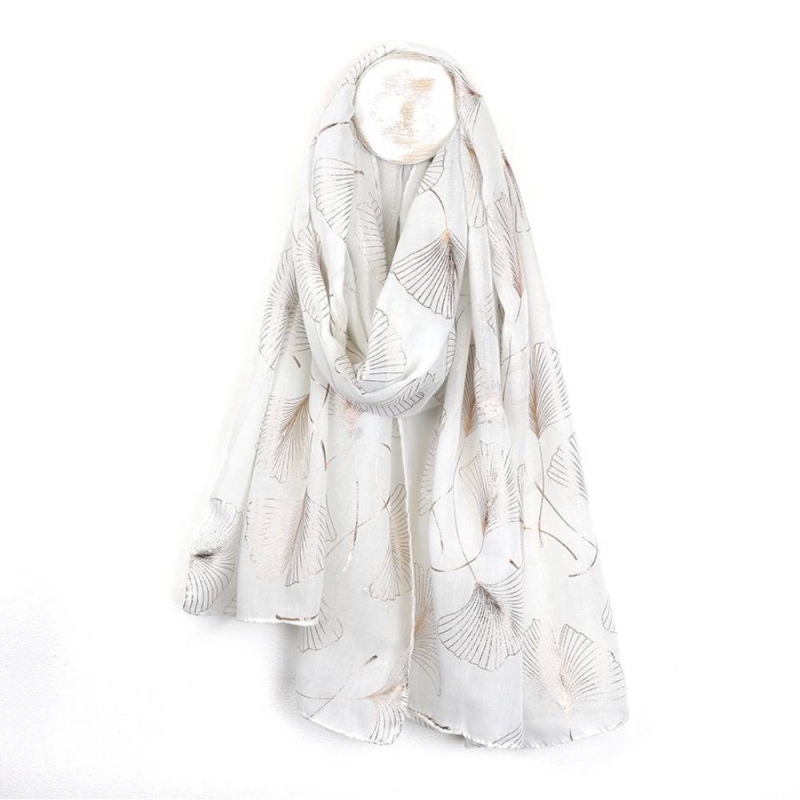 POM Recycled White/Rose Gold Ginkgo Print Scarf