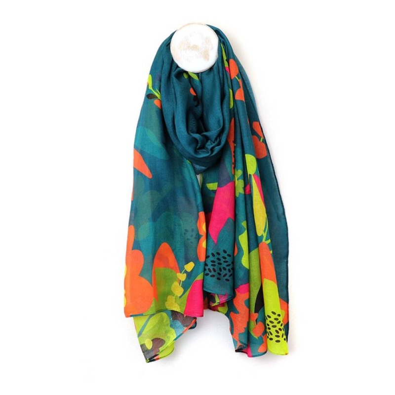 POM Recycled Teal Tropical Print Edge Scarf