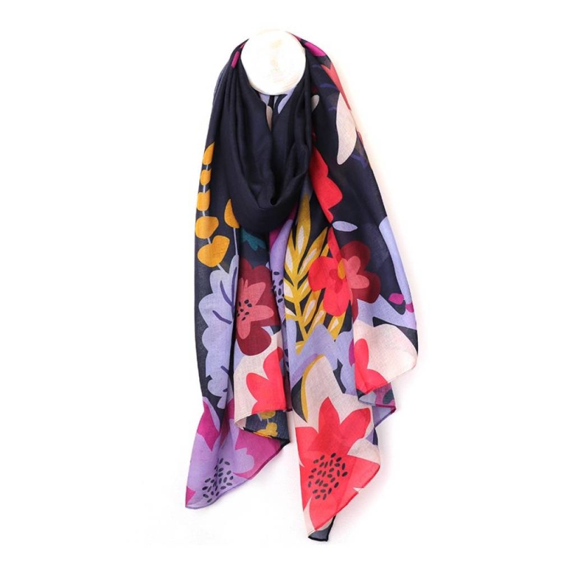 POM Recycled Navy Blue Tropical Print Edge Scarf