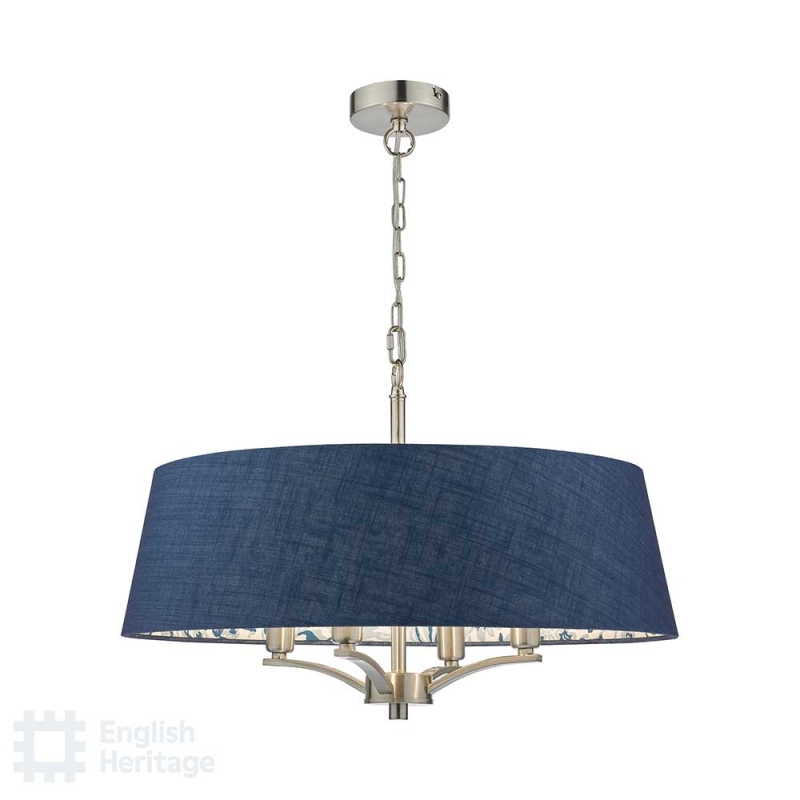 English Heritage Down House 4 Light Shadelier Satin Chrome and Blue With Shade