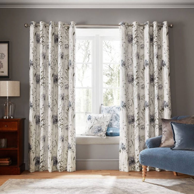 Laura Ashley Pallington Bloom Eyelet Curtains Smoke Blue