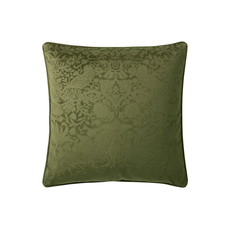 William Morris At Home Strawberry Thief Embossed Cushion Olive