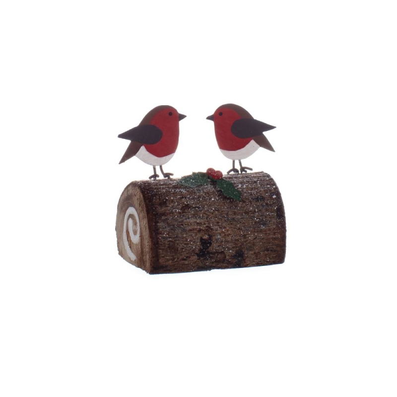 Robins on a Yule Log Ornament