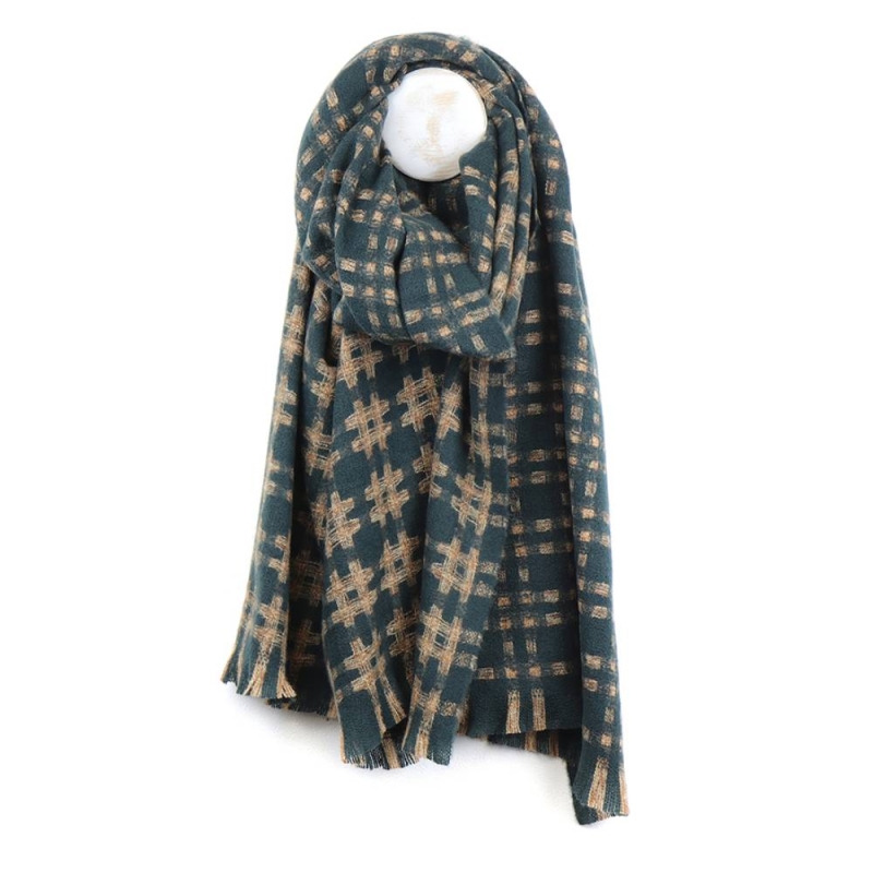 POM Dusky Teal Crosshatch Check Scarf