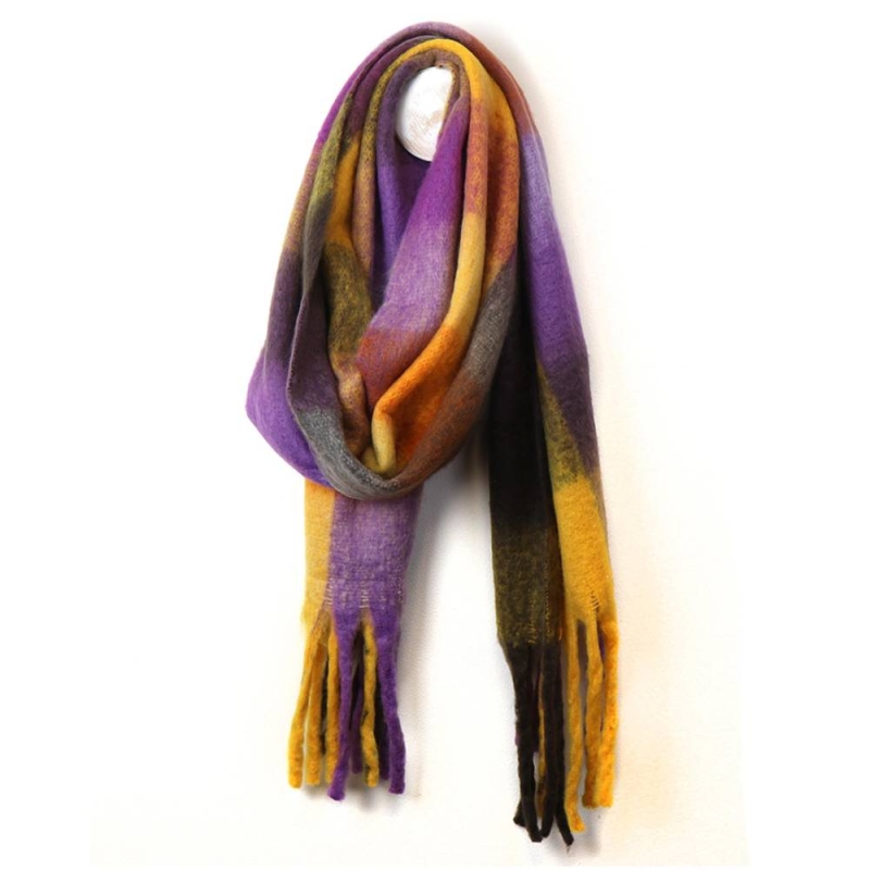 POM Purple and Mustard Mix Fluffy Check Scarf