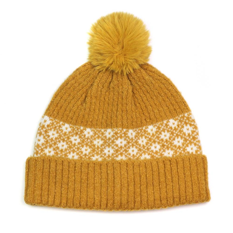 POM Recycled Blend Mustard and White Scandi Flower Bobble Hat