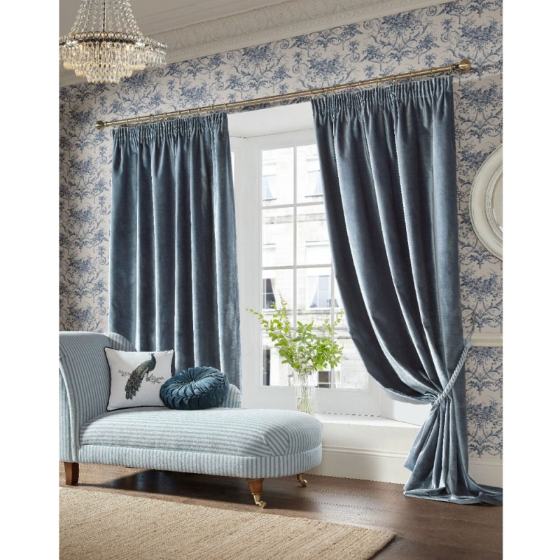 Laura Ashley Loretta Eyelet Headed Curtains Lined Dark Seaspray