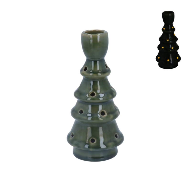 Gisela Graham Dark Green Ceramic LED Candlestick- Small