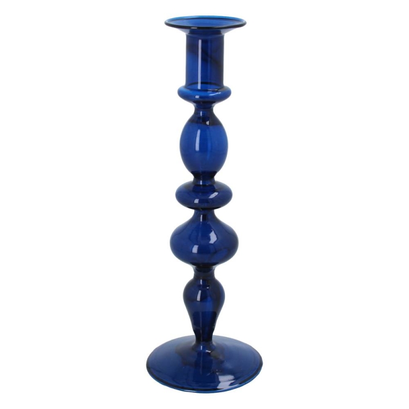 Gisela Graham Piped Tapered Glass Candlestick - Dark Blue