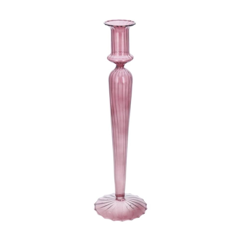 Gisela Graham Tall Ribbed Glass Candlestick - Aubergine