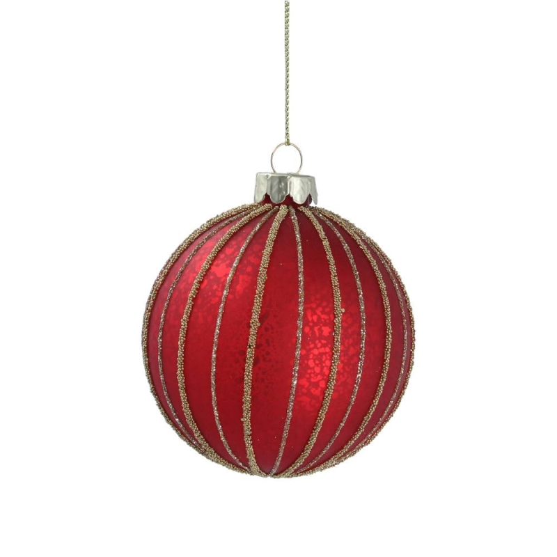 Gisela Graham Matt Red/Sparkling Stripe Glass Ball